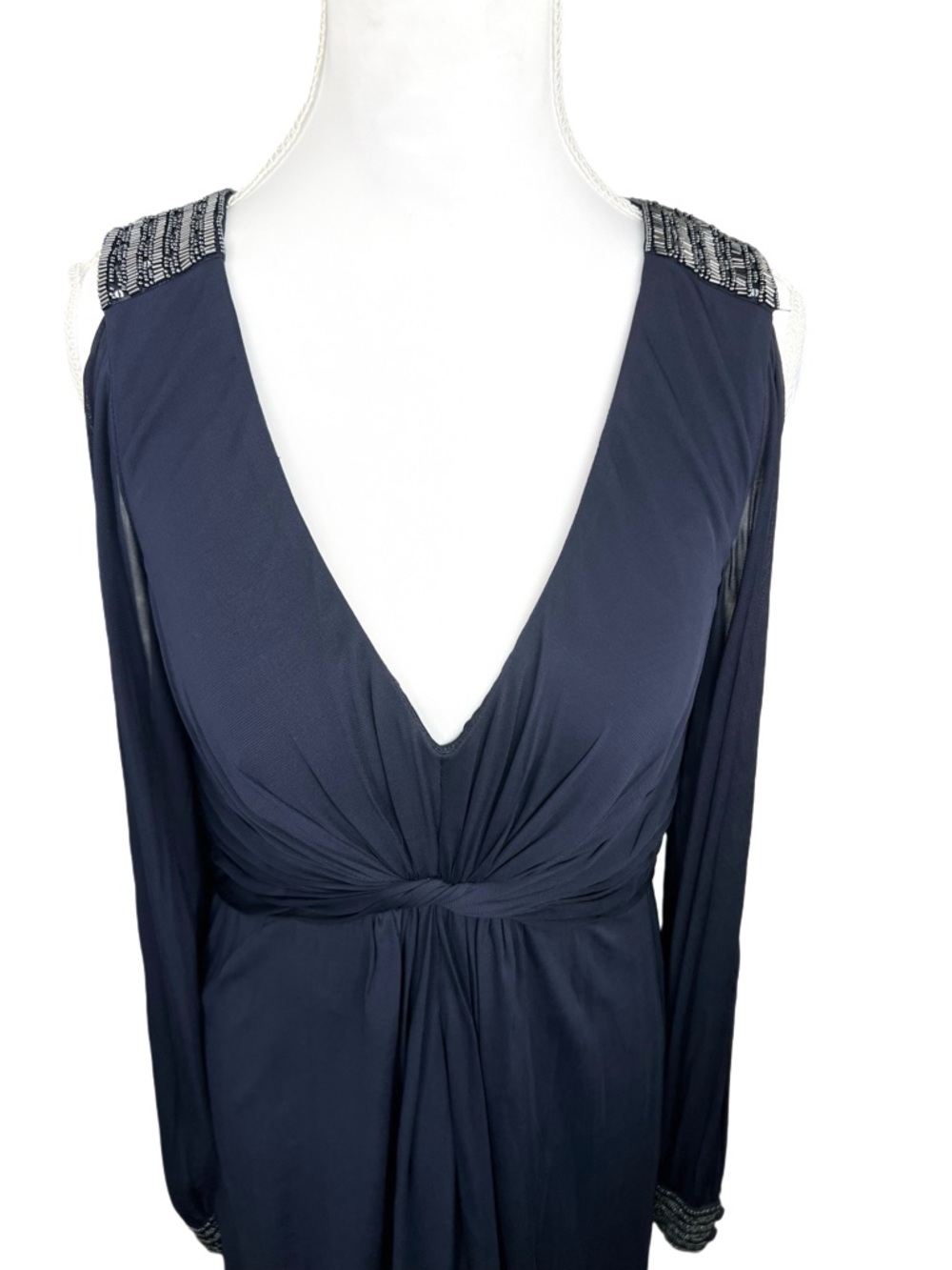Aidan Mattox Navy Beaded Shoulder Long Sleeve Gown Mother of Bride Size 12 - Picture 2 of 10